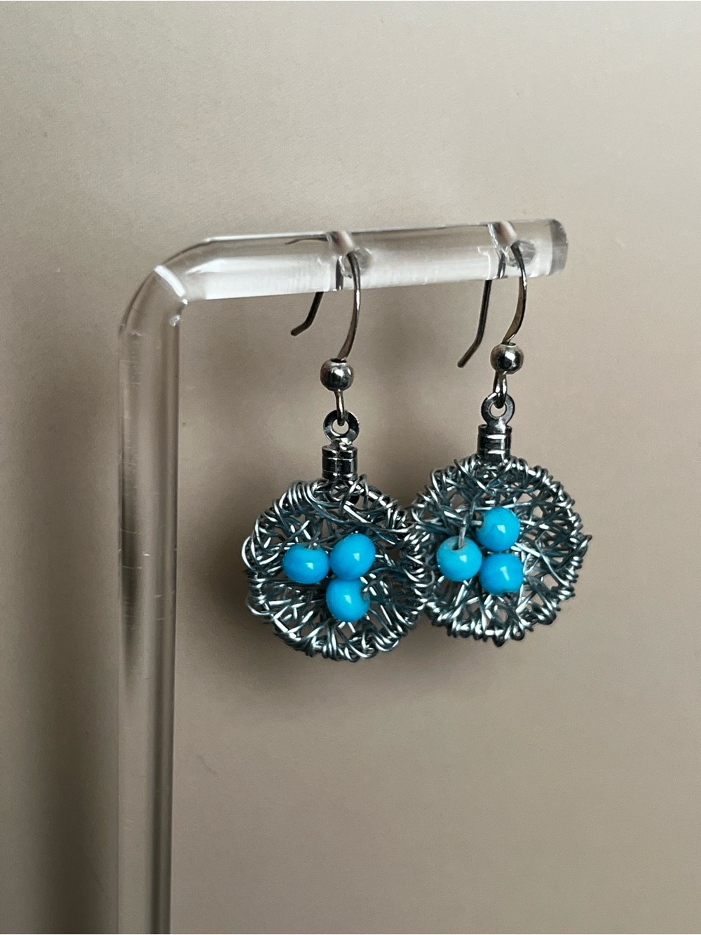 Handmade Bead Silver Tone Wire Drop Earrings